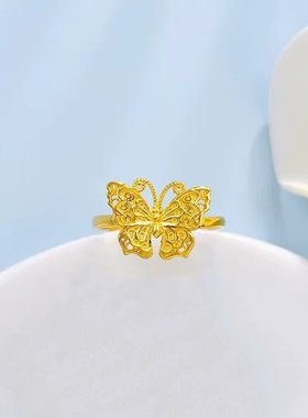 5G黄金花丝蝴蝶戒指女999足金新款镂空活口指环纯金食指戒送女友