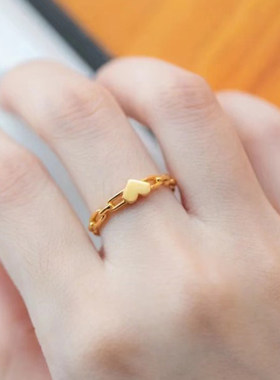 999足金爱心戒指5G黄金ins风链条戒指环环相扣纯金指环送女友礼物