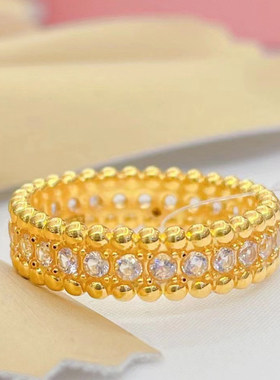 黄金珠珠戒指999足金新款镶石排戒24K金时尚简约满天星戒子送礼女