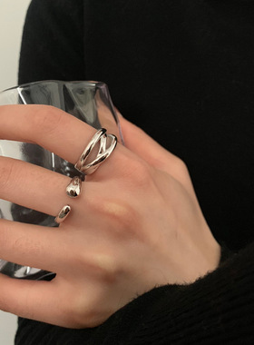 几何水滴戒指女小众设计轻奢时尚简约百搭开口戒指可调节线条指环