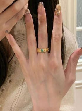 一恋轻奢绿色点缀戒指女法式精致优雅个性宫廷风开口指环ins风食