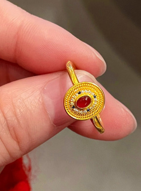 一恋复古小宫雀戒指女开口精致镶嵌红色锆石气质百搭指环网红食指