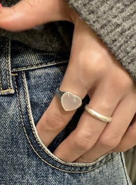 一恋白色爱心锆石戒指女百搭时尚简约素圈叠戴S925镀银开口指环食