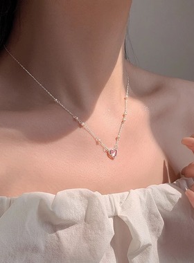 一恋甜美粉色爱心锆石项链女韩版时尚不规则珍珠链条锁骨链