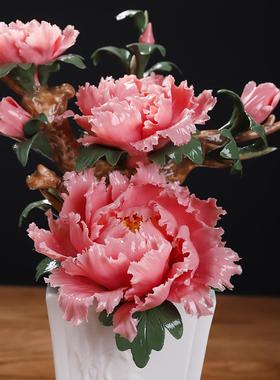 东方泥土《花开富贵》陶瓷手工牡丹花仿真大号盆栽摆件桌面装饰品