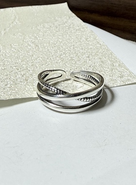 S925银曲率交叉戒指女开口可调节几何纹理叠戴复古银戒指环