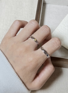 S999足银猫狗恋情侣卡通动物戒指闪钻可爱百搭萌系温柔情侣对戒