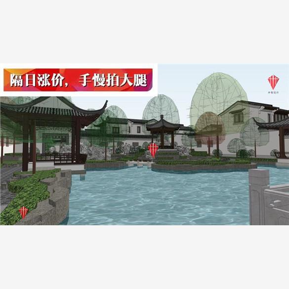 新中式江南绿城 桃李春风别墅 建筑园林景观庭院将军垂花门SU模型