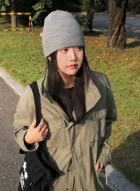 韩版针织纯色毛线帽女秋冬
