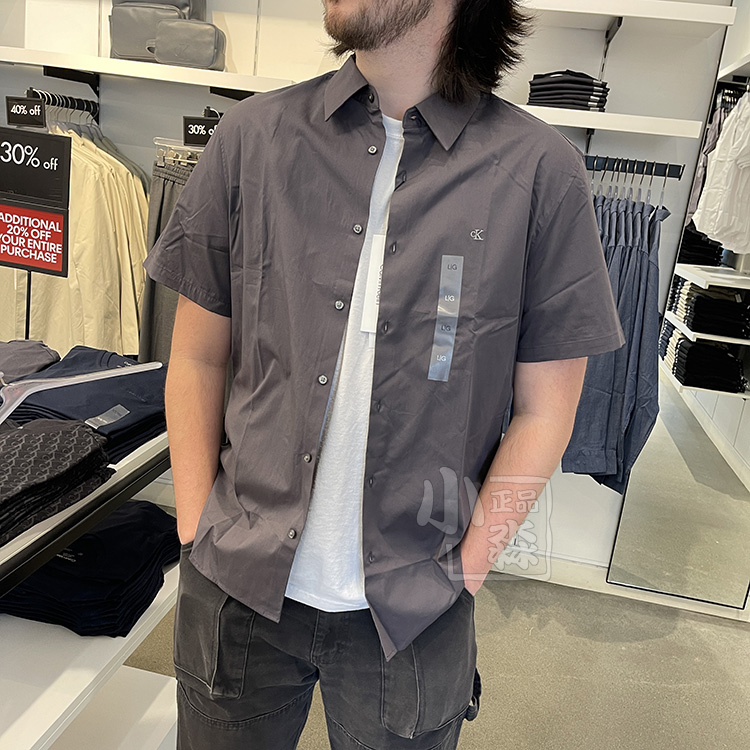 CK/Calvin Klein夏季新款男士休闲商务舒适弹力棉刺绣标短袖衬衫