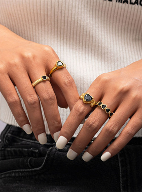 黑色锆石爱心开口戒指女