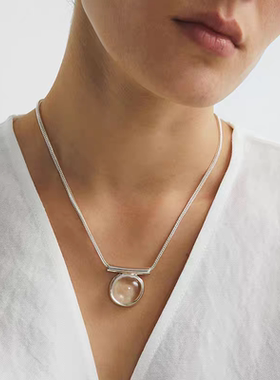 银色椭圆水晶吊坠项链女