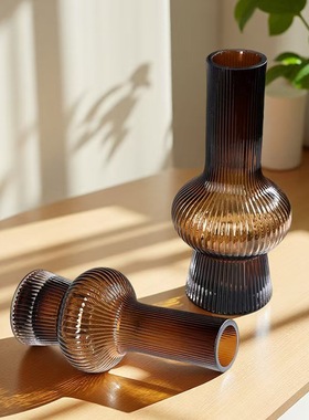 北欧轻奢网红条纹收口玻璃花瓶摆件客厅餐桌家居插花器室