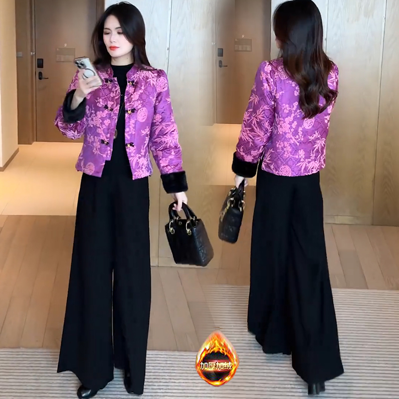 加绒加厚新中式短款外套女2025冬季新款气质保暖国风丝绒提花棉袄 - 图2