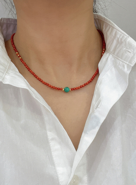 天然南红玛瑙项链女新中式国风绿松石锁骨链本命年红色毛衣链