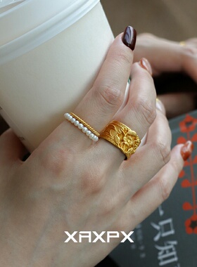 S925纯银古法老钱风宽面戒指女