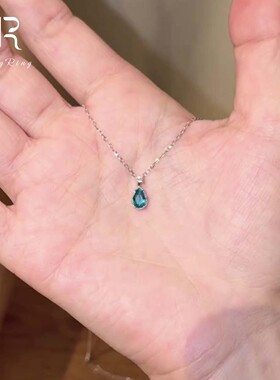 S925纯银闪钻蓝色水滴项链女