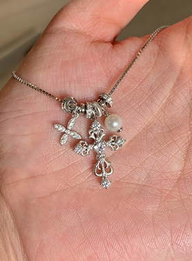 S925纯银蕾丝鸢尾十字架项链女款