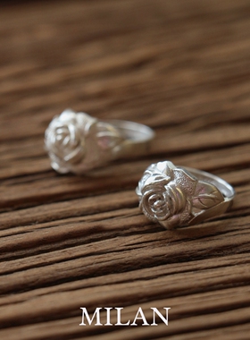 银色复古做旧拉丝立体玫瑰戒指女