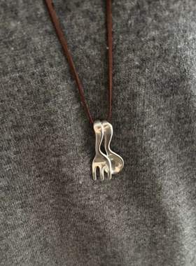 S925纯银色刀叉皮绳项链女