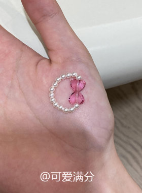 S925纯银粉色蝴蝶结仿珍珠戒指女