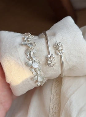 银色手工拉丝蝴蝶花环手镯女