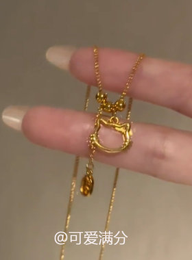 S925纯银金色镂空小猫福牌项链女