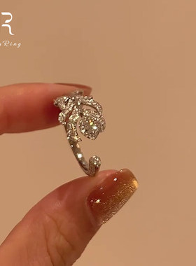 S925纯银满钻羽毛戒指女