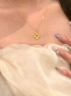 金色镂空四芒星吊坠项链女