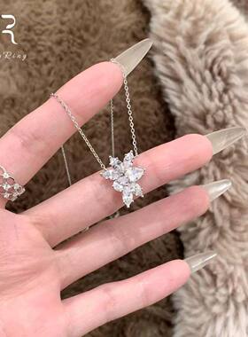 S925纯银爆闪水滴花朵项链女