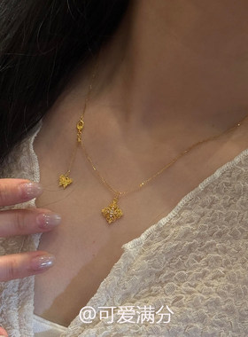 复古金色镂空四叶花蝴蝶项链女