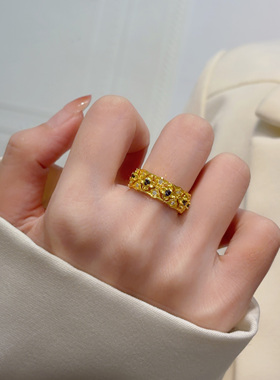 S925纯银重工金色蓝钻戒指女