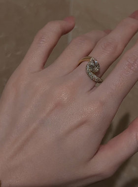 S925纯银金色水滴闪钻戒指女