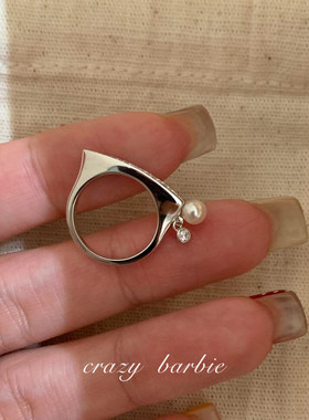 S925纯银马眼满钻仿珍珠戒指女