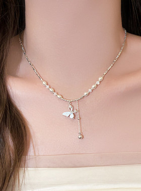 S925纯银闪钻蝴蝶珍珠项链女