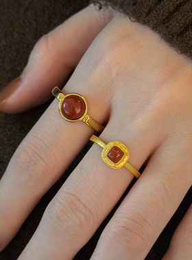 S925纯银复古红色宝石金色戒指女