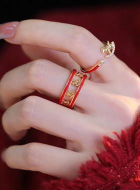 S925纯银金色小马红绳戒指女2