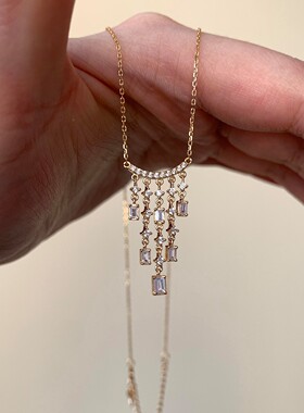 银色闪钻小方糖流苏项链女