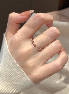 S925纯银粉闪钻香槟金细圈戒指女