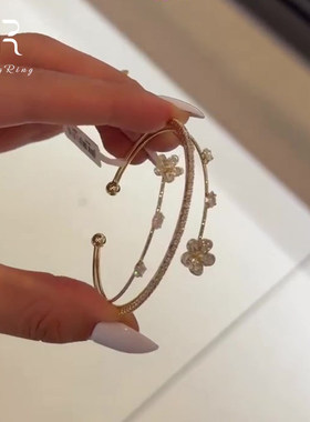 S925纯银金色闪钻花朵手镯女