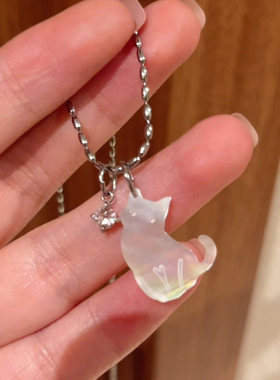 仿白蝶贝小猫咪吊坠项链女