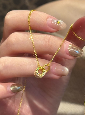 金色碎冰冰双环相扣项链女