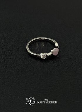 S925纯银粉色爱心戒指女