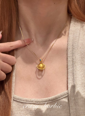 S925纯银金色环绕星球吊坠项链女