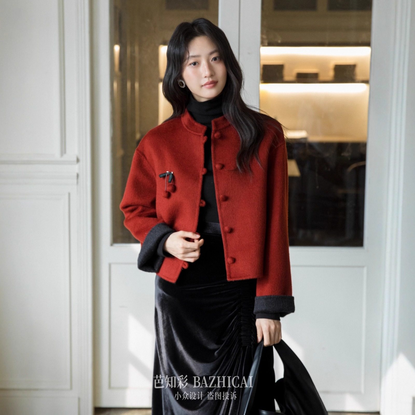 富家千金白月光100羊毛大衣毛呢新中式双面呢订婚红色短外套5066,淘宝优惠券,粉丝福利购,淘宝优惠卷