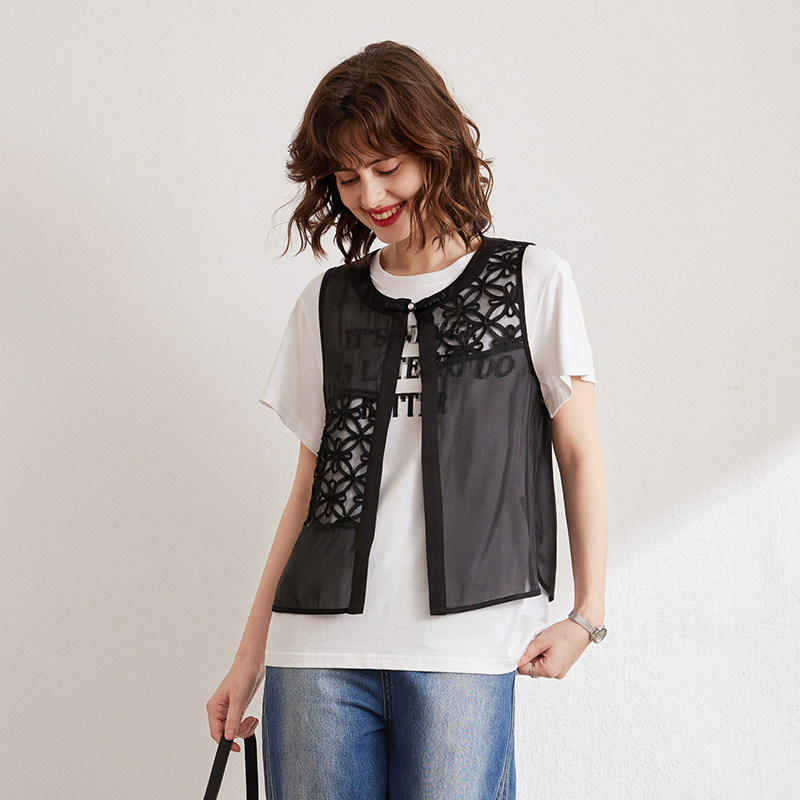 White deer language stitching hollow chiffon vest for women