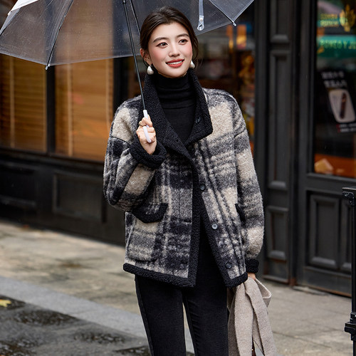 白鹿语小香风两穿格纹加厚外套25秋冬新款韩版小众高级感毛绒大衣 - 图0