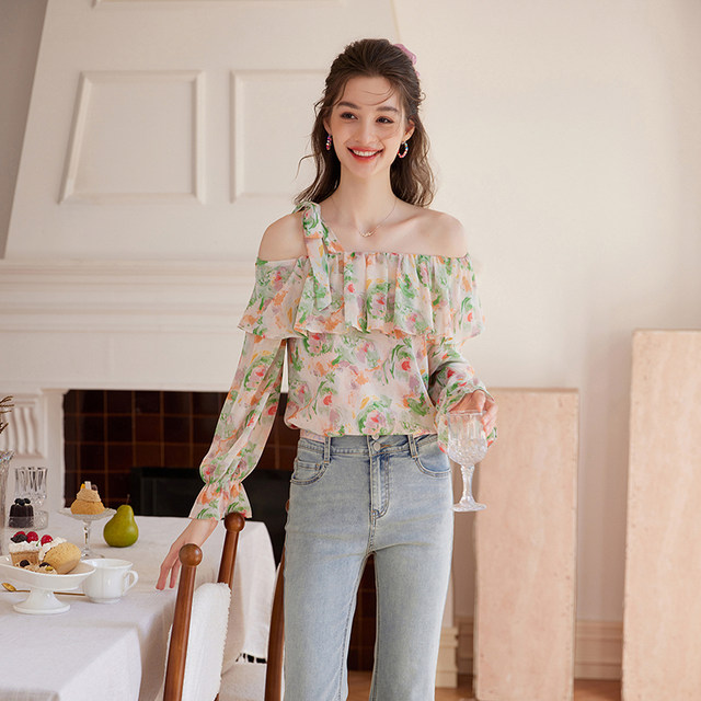 White Deer Speech Ruffle Printed Chiffon Shirt Women's Long Sleeves