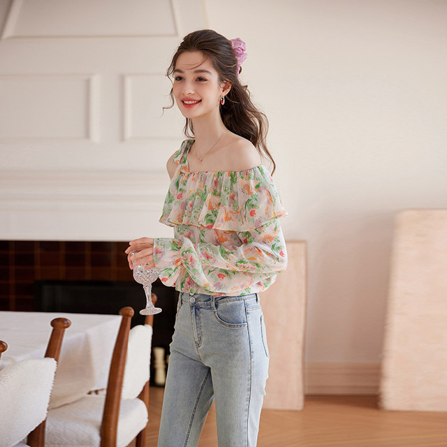 White Deer Speech Ruffle Printed Chiffon Shirt Women's Long Sleeves