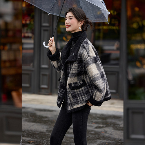 白鹿语小香风两穿格纹加厚外套25秋冬新款韩版小众高级感毛绒大衣 - 图2